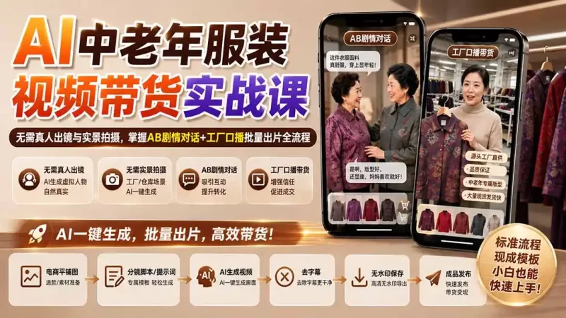AI中老年服装视频带货实战课：无需真人出镜与实景拍摄，掌握AB剧情对话 工厂口播批量出片全流程-51云资源