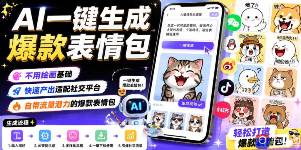 AI一键生成爆款表情包，不用绘画基础，快速产出适配社交平台，自带流量潜力的爆款表情包-51云资源