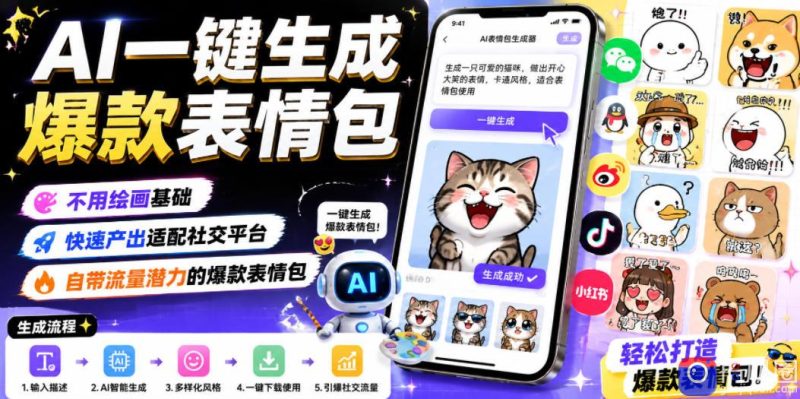 AI一键生成爆款表情包，不用绘画基础，快速产出适配社交平台，自带流量潜力的爆款表情包-51云资源
