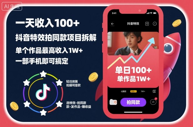 一天收入100 ，抖音特效拍同款项目拆解，单个作品最高收入1W ，一部手机即可搞定-51云资源