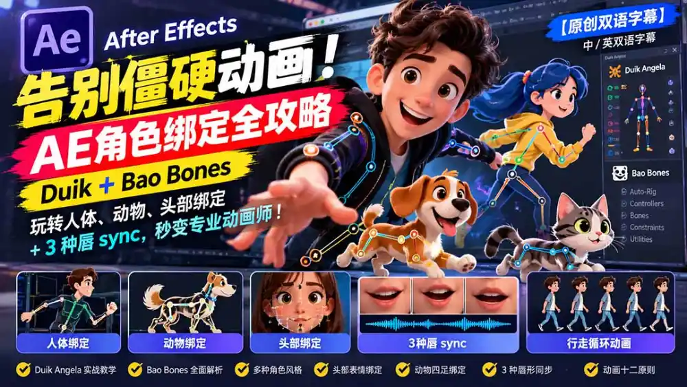【无水印】告别僵硬动画！AE 角色绑定全攻略：Duik Bao Bones玩转人体/动物/头部绑定 3种唇sync，秒变专业动画师-51云资源