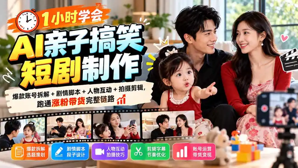 1小时学会AI亲子搞笑短剧制作:爆款账号拆解 剧情脚本 人物互动 拍摄剪辑,跑通涨粉带货完整链路-51云资源