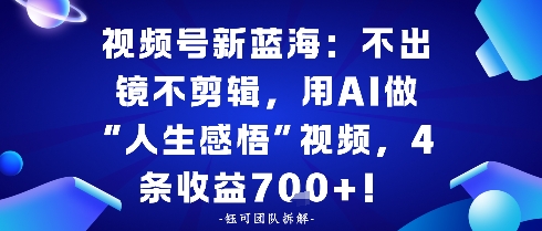 视频号新蓝海:不出镜不剪辑,用AI做“人生感悟”视频,4条收益7张-51云资源