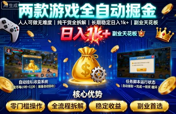两款游戏全自动掘金,人人可做无难度,纯干货全拆解,长期稳定,日入1k ,副业天花板【揭秘】