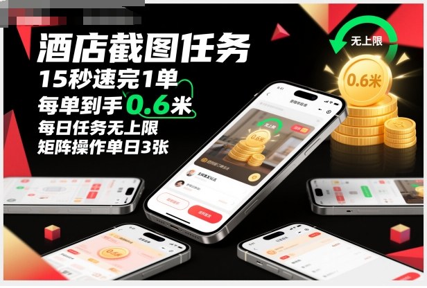 酒店截图任务，15秒速完1单，每单到手0.6米，每日任务无上限，全网首发玩法，矩阵操作单日3张【揭秘】-51云资源