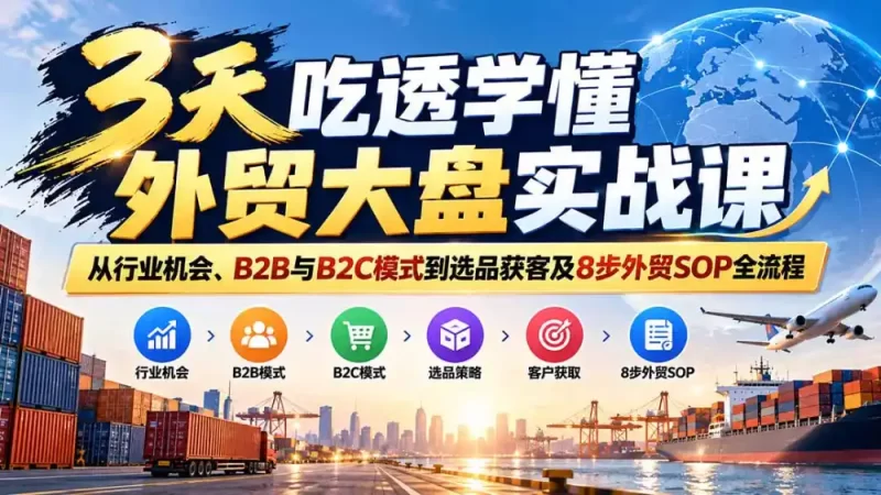 3天吃透学懂外贸大盘实战课:从行业机会、B2B与B2C模式到选品获客及8步外贸SOP全流程-51云资源