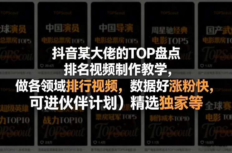 抖音某大佬的TOP盘点排名视频制作，做各领域排行视频，数据好涨粉快，可进伙伴计划＋精选独家等-51云资源