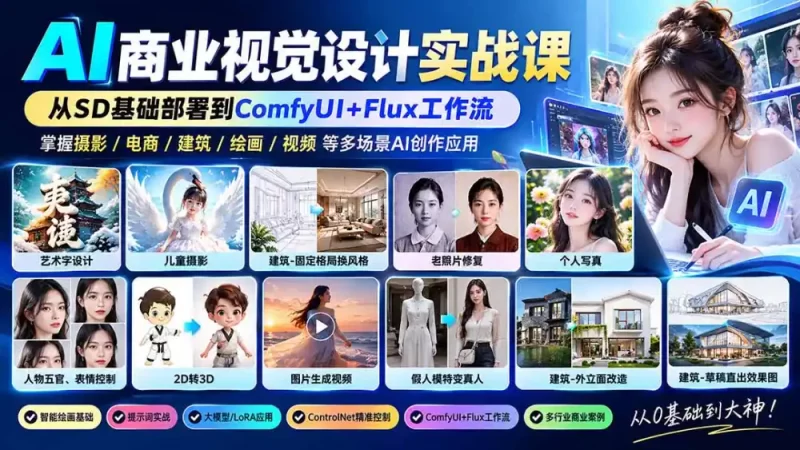 【无水印】AI商业视觉设计实战课:从SD基础部署到ComfyUI Flux工作流,掌握摄影电商建筑AI创作-51云资源