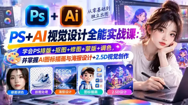 【无水印】PS AI视觉设计全能实战课：学会PS排版 抠图 修图 蒙版 调色，并掌握AI图标插画与海报设计 2.5D视觉创作-51云资源
