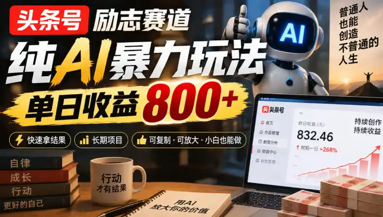 头条号励志赛道,纯AI暴力玩法,单日收益800 ,快速拿结果,长期项目
