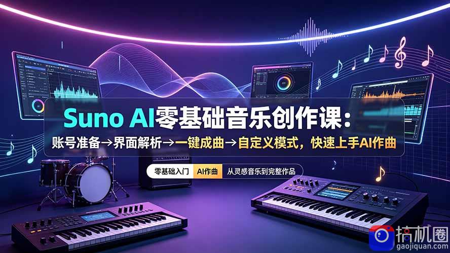 Suno AI零基础音乐创作课:账号准备→界面解析→一键成曲→自定义模式,快速上手AI作曲