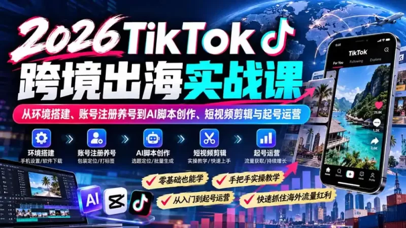 2026TikTok跨境出海实战课:从环境搭建、账号注册养号到AI脚本创作、短视频剪辑与起号运营-51云资源