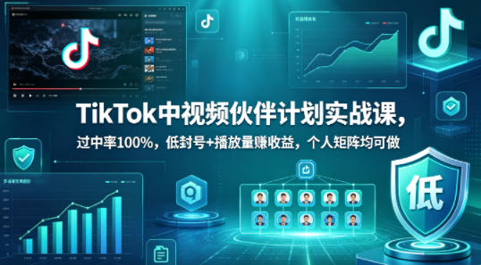 TikTok中视频伙伴计划实战课,过中率100%,低封号 播放量賺收益,个人矩阵均可做