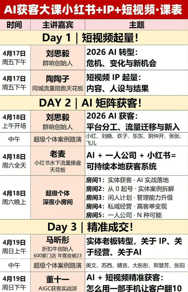 AI获客大课小红书 IP 短视频3天2夜线下课,用最真实的一线案例,最前沿的AI工具,最有效的流量打法