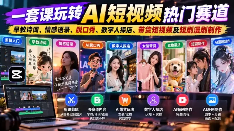 一套课玩转AI短视频热门赛道:早教诗词、情感语录、脱口秀、数字人探店、带货短视频及短剧漫剧制作 复制标题-51云资源