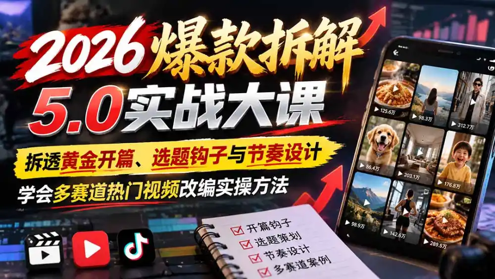 2026爆款拆解5.0实战大课:拆透黄金开篇、选题钩子与节奏设计,学会多赛道热门视频改编实操方法