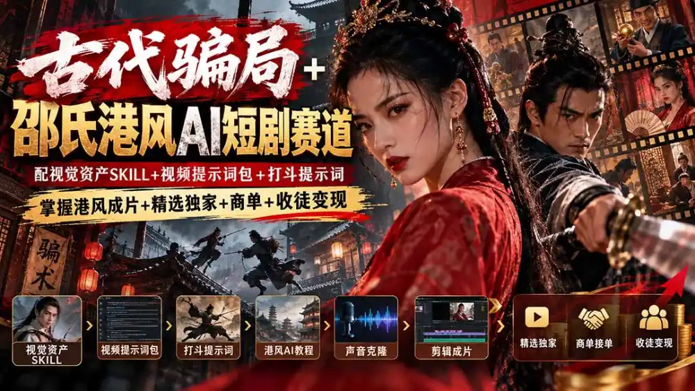 古代骗局 邵氏港风AI短剧赛道:配视觉资产SKILL 视频提示词包 打斗提示词,掌握港风成片 精选独家 商单 收徒变现-51云资源