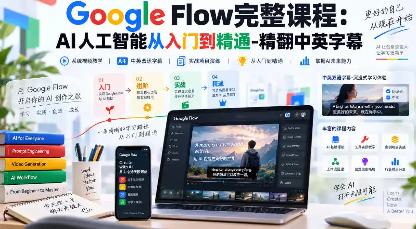 【无水印】Google Flow完整课程：AI人工智能从入门到精通-精翻中英字幕-51云资源