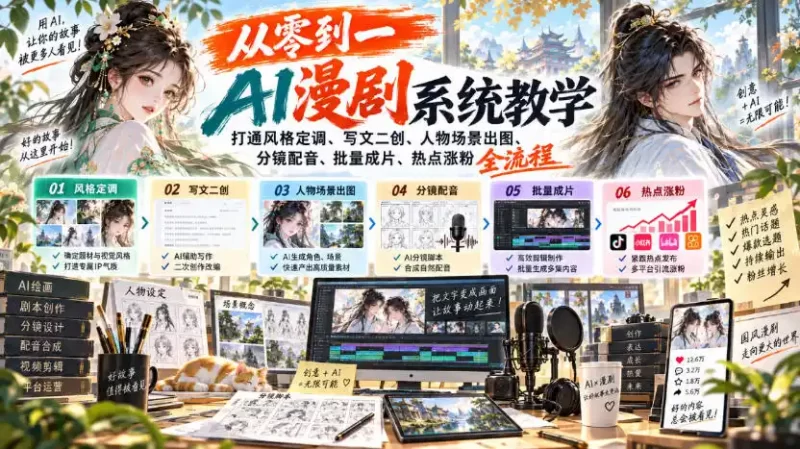从零到一AI漫剧系统教学，打通风格定调、写文二创、人物场景出图、分镜配音、批量成片、热点涨粉全流程-51云资源