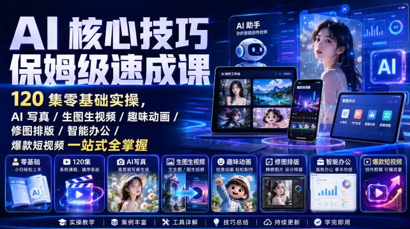 AI核心技巧保姆级速成课｜120集零基础实操，AI写真/生图生视频/趣味动画/修图排版/智能办公/爆款短视频一站式全掌握(更新)-51云资源