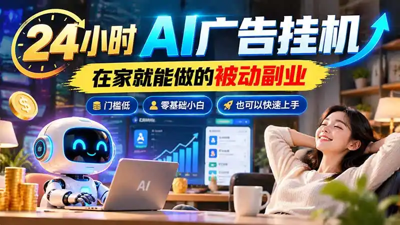 24小时AI广告挂机｜在家就能做的被动副业，门槛低，零基础小白也可以快速上手-51云资源