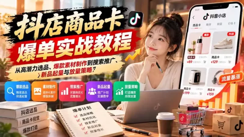 抖店商品卡爆单实战教程:从高潜力选品、爆款素材制作到搜索推广、新品起量与放量策略-51云资源