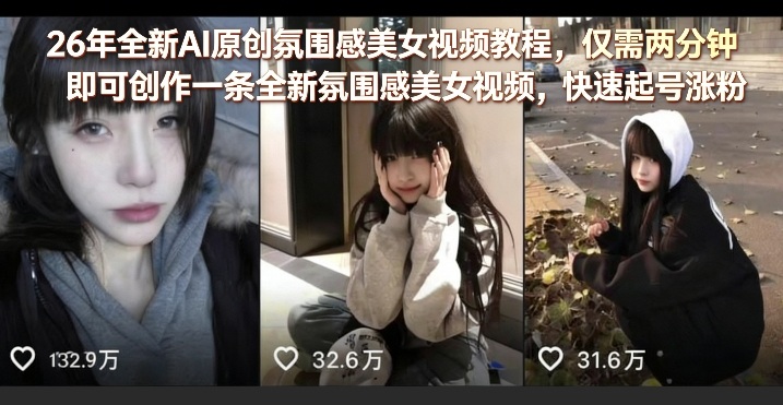 26年全新AI原创氛围感美女视频教程，仅需两分钟即可创作一条全新氛围感美女视频，快速起号涨粉-51云资源