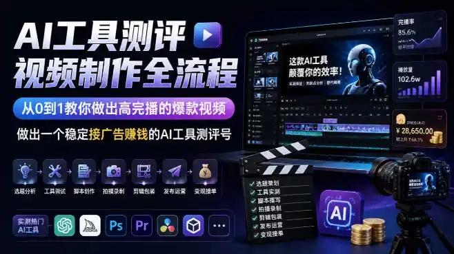 AI工具测评视频制作全流程，从0到1教你做出高完播的爆款视频，做出一个稳定接广告賺钱的AI工具测评号-51云资源
