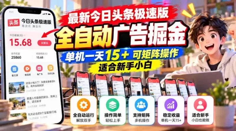 最新今日头条极速版全自动广告掘金，单机一天15 可矩阵操作适合新手小白-51云资源