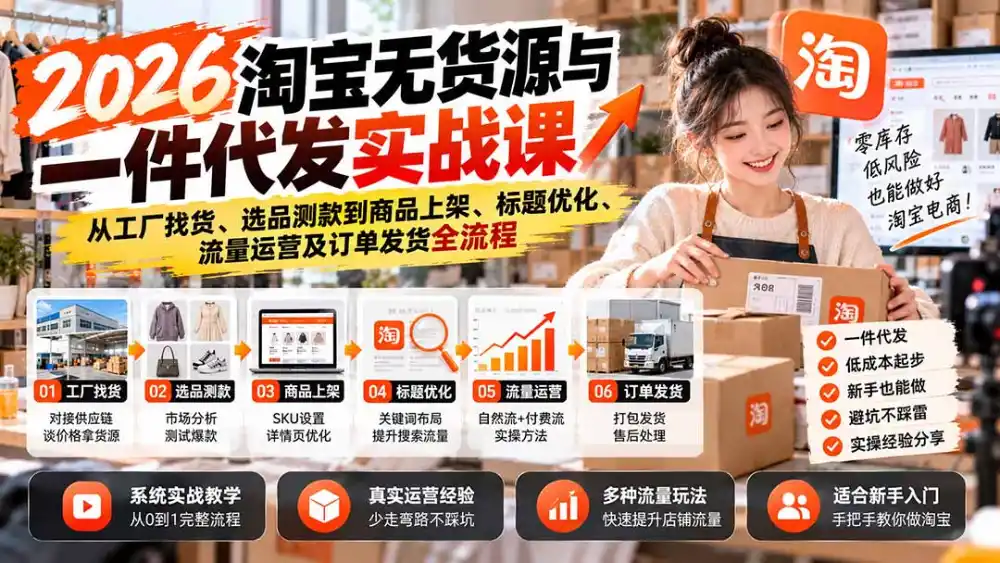 2026淘宝无货源与一件代发实战课：从工厂找货、选品测款到商品上架、标题优化、流量运营及订单发货全流程-51云资源