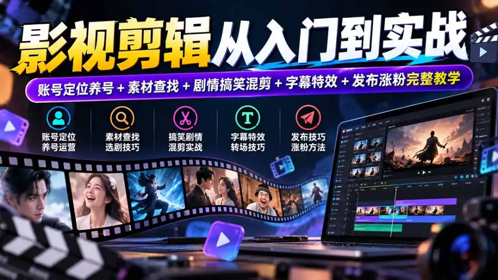 影视剪辑从入门到实战:账号定位养号 素材查找 剧情搞笑混剪 字幕特效 发布涨粉完整教学