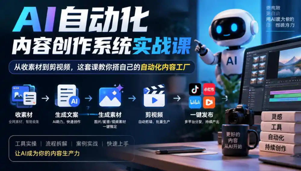AI自动化内容创作系统实战课，从收素材到剪视频，这套课教你搭自己的自动化内容工厂-51云资源