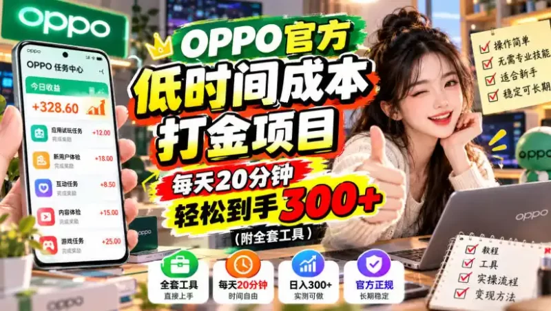 OPPO官方低时间成本打金项目,每天20分钟,轻松到手300 (附全套工具)【揭秘】-51云资源