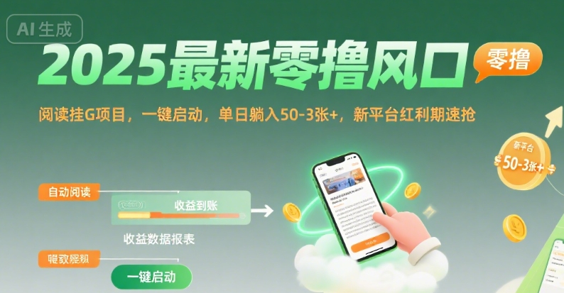 2025最新零撸风口，阅读挂G项目，一键启动，单日躺入 50-3张 ，新平台红利期速抢【揭秘】-51云资源