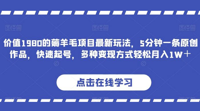 价值 1980 的薅羊毛项目，最新玩法，5 分钟一条原创作品，快速起号，多种变现方式轻松月入 1W-51云资源