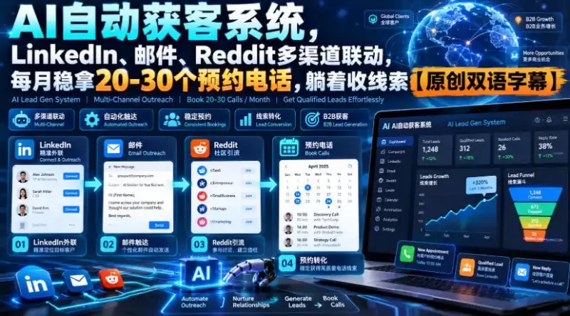 【无水印】AI自动获客系统，LinkedIn、邮件、Reddit多渠道联动，每月稳拿20-30个预约电话，躺着收线索【原创双语字幕】-51云资源