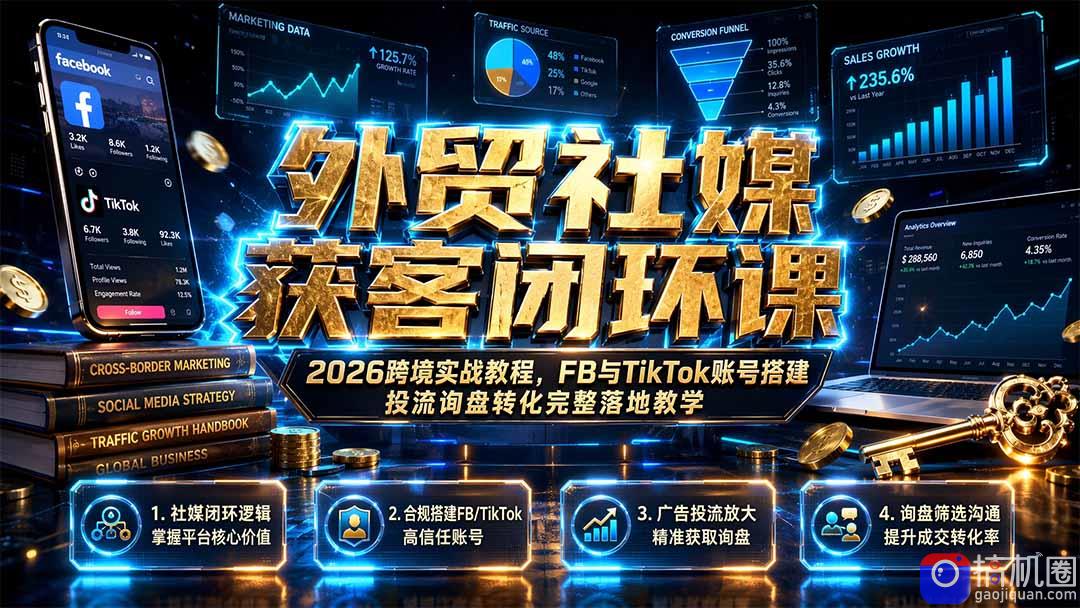 外贸社媒获客闭环课｜2026跨境实战教程，FB与TikTok账号搭建投流询盘转化完整落地教学
