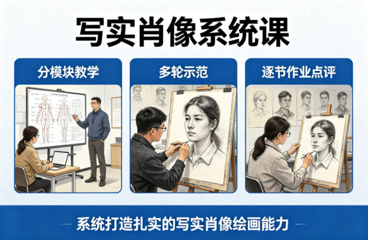 写实肖像系统课，全程分模块教学 多轮示范 逐节作业点评，系统打造扎实的写实肖像绘画能力-51云资源