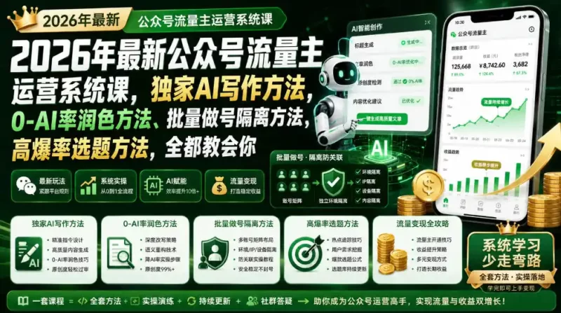 2026年最新公众号流量主运营系统课，独家AI写作方法，0-AI率润色方法、批量做号隔离方法、高爆率选题方法，全都教会你(更新1009)-51云资源
