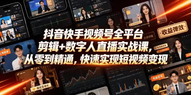 抖音快手视频号全平台剪辑 数字人直播实战课，从零到精通，快速实现短视频变现(更新2026年10月)-51云资源
