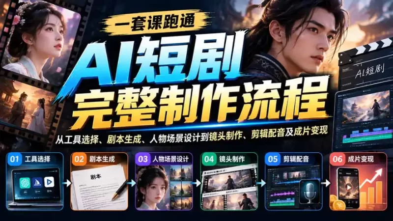 一套课跑通AI短剧完整制作流程:从工具选择、剧本生成、人物场景设计到镜头制作、剪辑配音及成片变现-51云资源