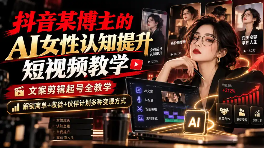 抖音某博主的Ai女性认知提升短视频教学,文案剪辑起号全教学,解锁商单 收徒 伙伴计划多种变现方式-51云资源