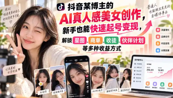 抖音某博主的AI真人感美女创作,新手也能快速起号变现,解锁星图,商单,收徒,伙伴计划等多种收益方式-51云资源