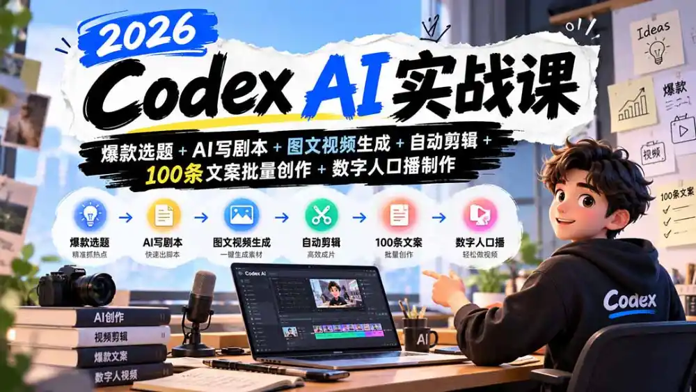 2026Codex AI实战课:爆款选题 AI写剧本 图文视频生成 自动剪辑 100条文案批量创作 数字人口播制作-51云资源