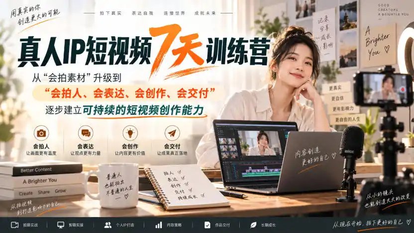 真人IP短视频7天训练营，从“会拍素材”升级到“会拍人、会表达、会创作、会交付”，逐步建立可持续的短视频创作能力-51云资源
