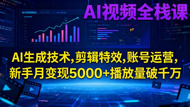 AI视频全栈课:AI生成技术,剪辑特效,账号运营,新手月变现5000 播放量破千万-51云资源