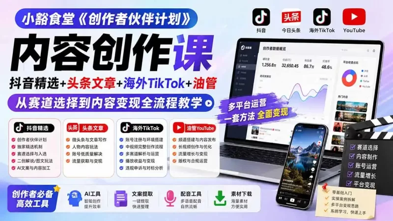 小豁食堂《创作者伙伴计划》内容创作课:抖音精选 头条文章 海外TikTok 油管,从赛道选择到内容变现全流程教学-51云资源