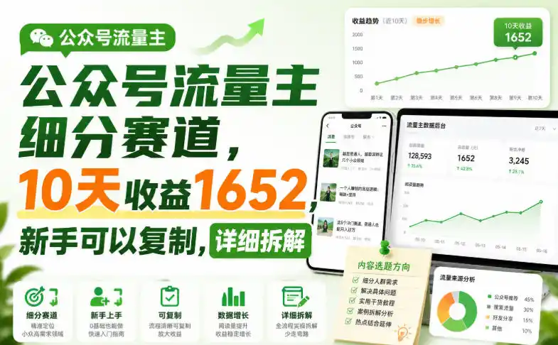 公众号流量主细分赛道，10天收益1652，新手可以复制，详细拆解-51云资源