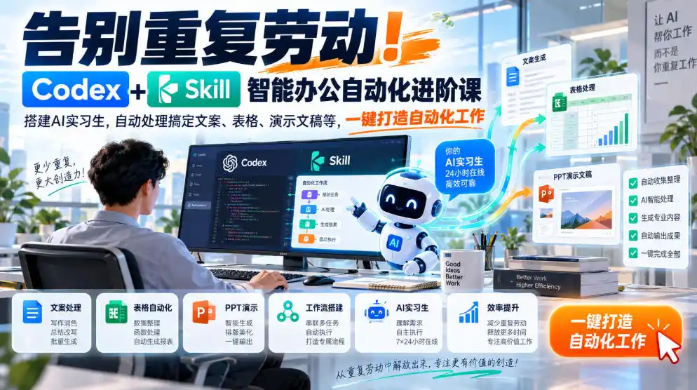 告别重复劳动！Codex Skill智能办公自动化进阶课｜搭建AI实习生，自动处理搞定文案、表格、演示文稿等，一键打造自动化工作-51云资源
