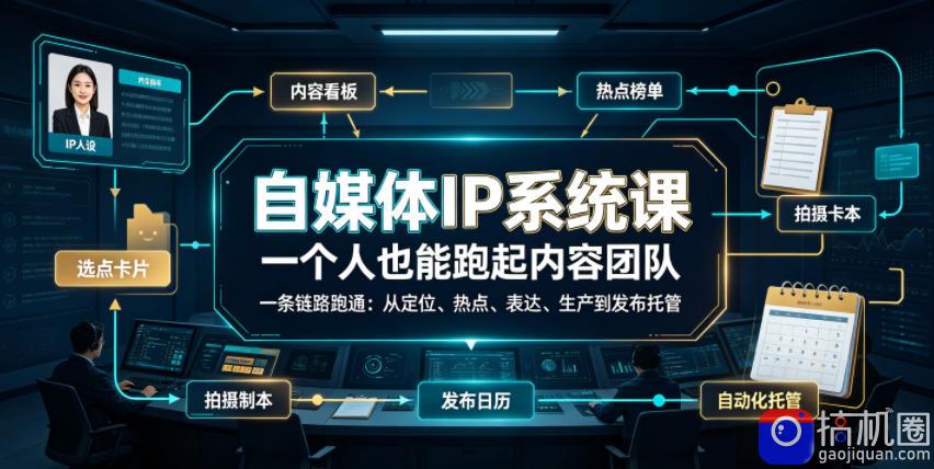 自媒体IP系统课，一个人也能跑起内容团队，一条链路跑通，从定位、热点、表达、生产到发布托管